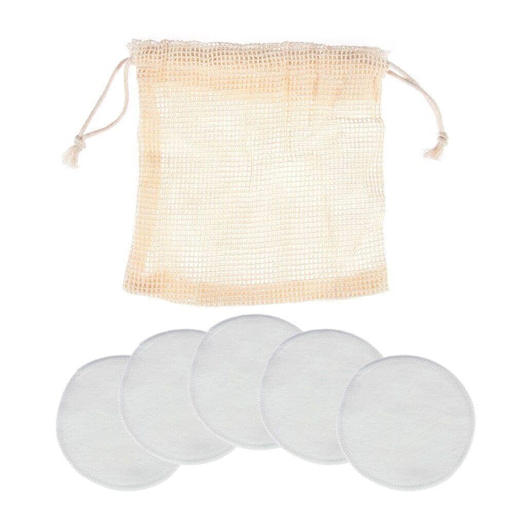 Five  white bamboo fiber pads in a breathable mesh bag for storage