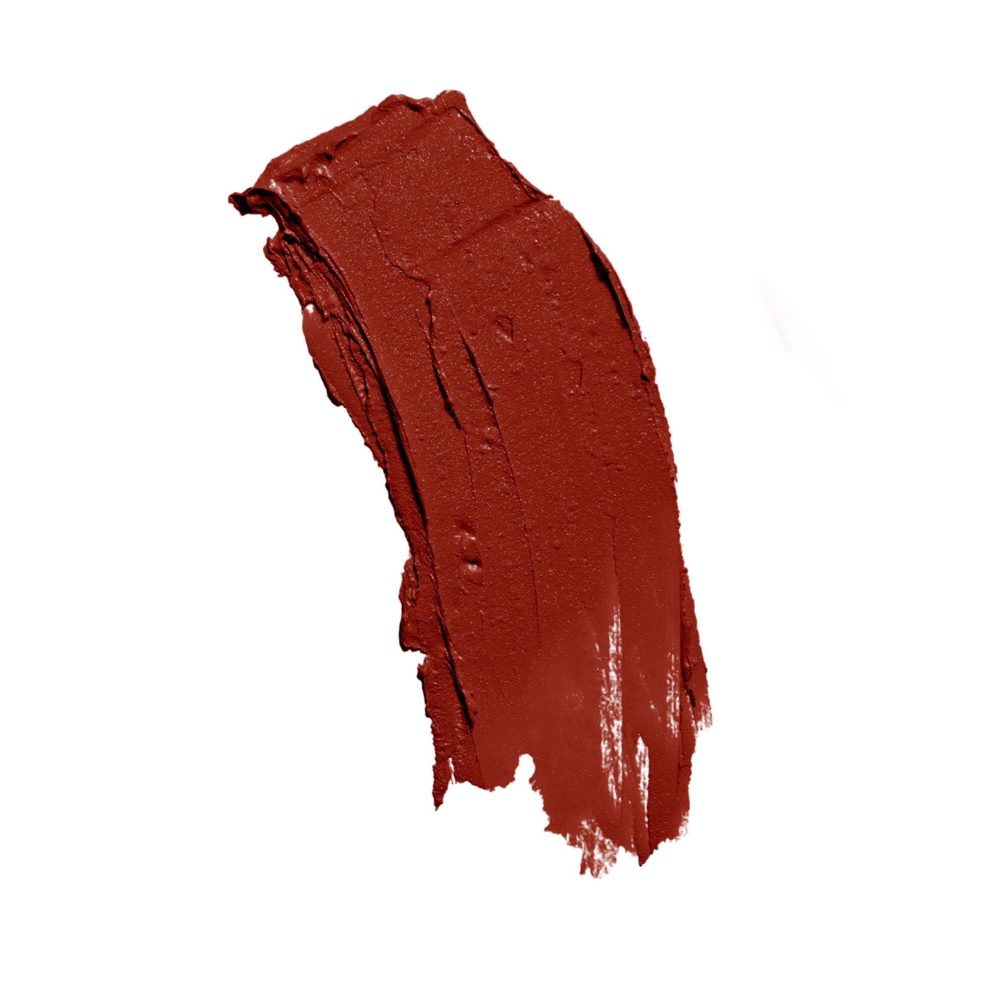 Bold dark red satin lipstick featured on a pure white background