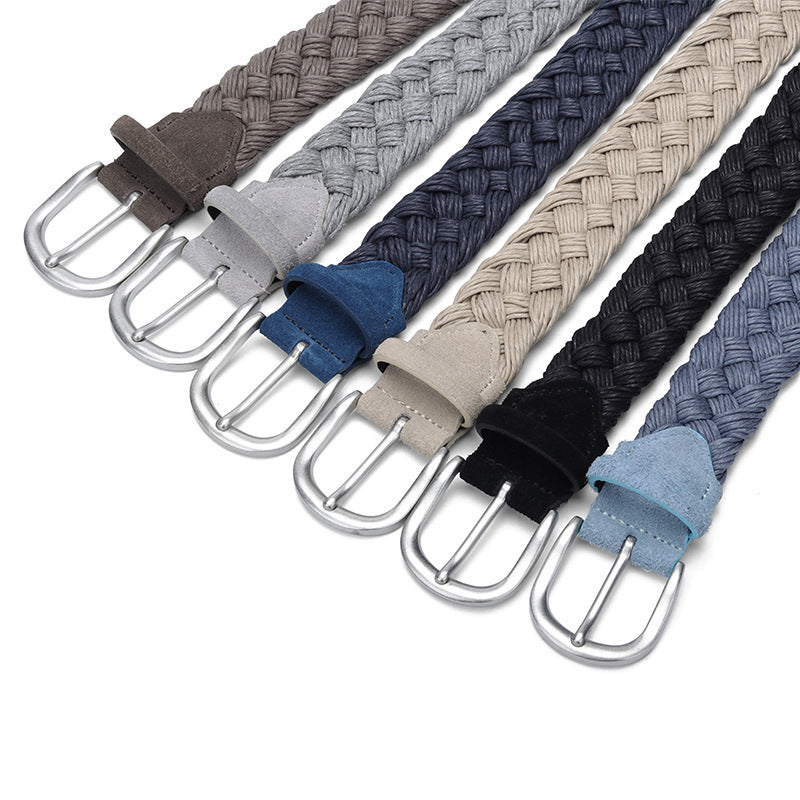 six canvas rope belts of different colors on a white background