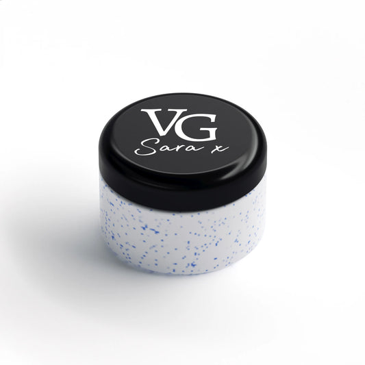 container with granulated blue texture inside and a logo in the cover cap