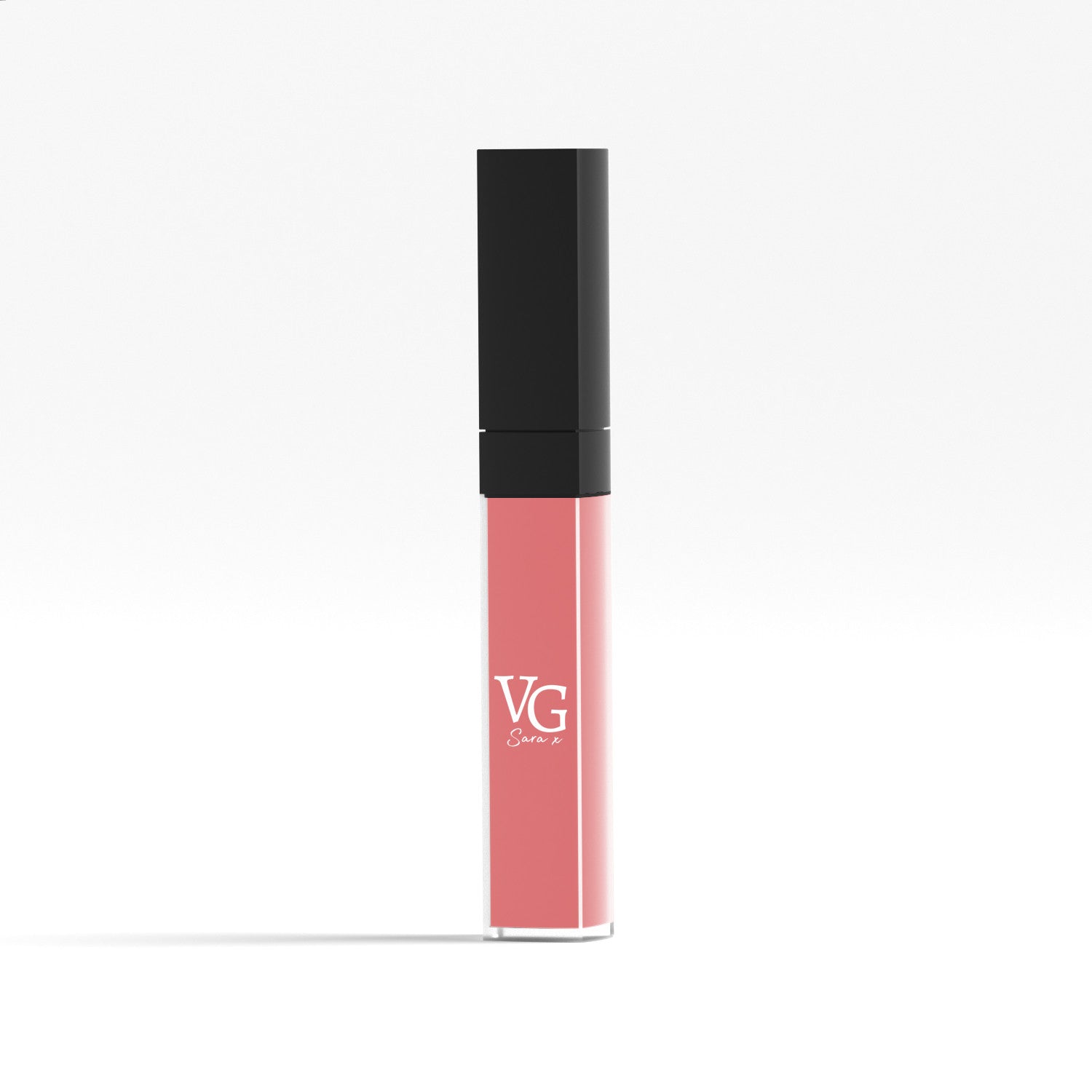 Vegan liquid lipstick in a light pink with VG logo on packaging