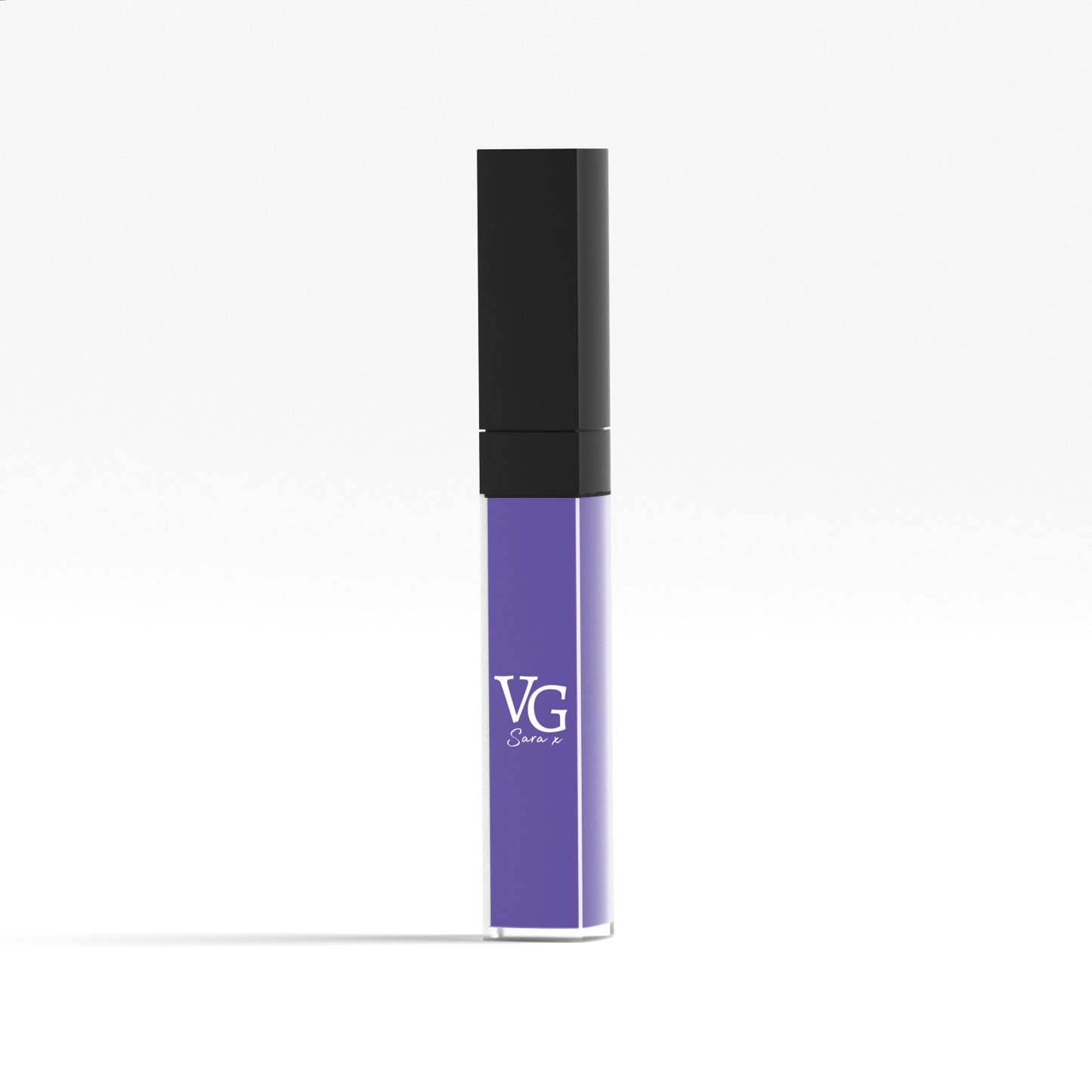 Long-wearing blue purple vegan liquid lipstick with VG inscription