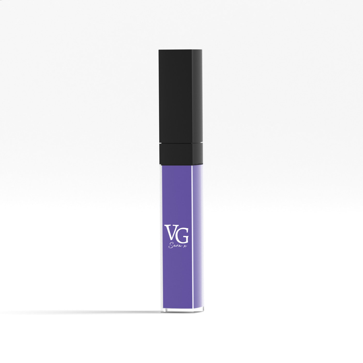 Long-wearing blue purple vegan liquid lipstick with VG inscription