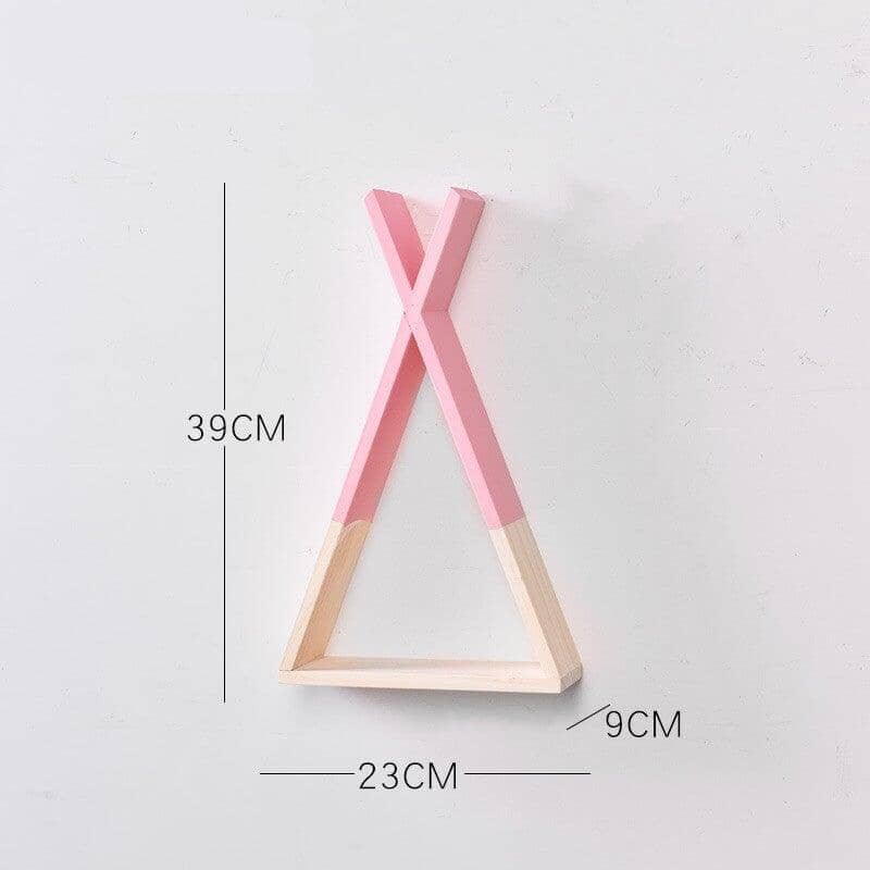 A Nordic pink wood shelf with its dimensions