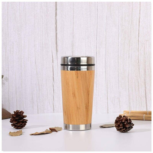 Insulated bamboo and steel thermos mug with a secure lid