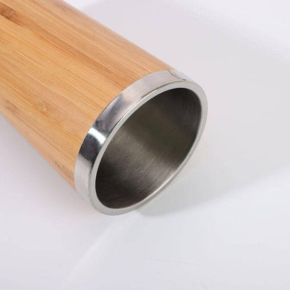Close-up of the bamboo and stainless steel thermos mug