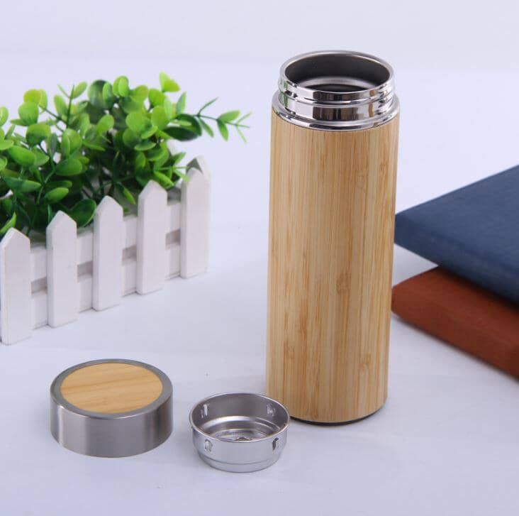 Bamboo stainless steel cup with double-layered lid design