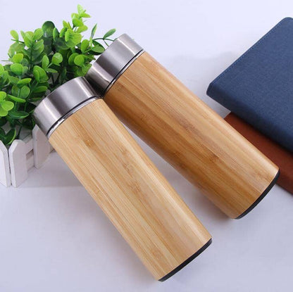 Duo of bamboo stainless steel cups with bamboo grip handles