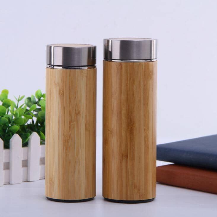 Pair of bamboo stainless steel cups with metallic lids