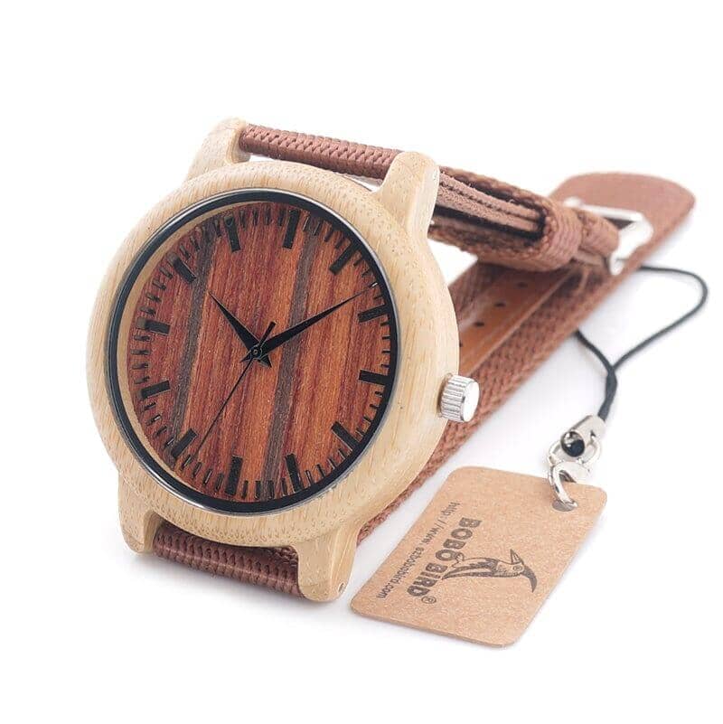 Close-up of BOBO BIRD bamboo watch with a caramel brown strap