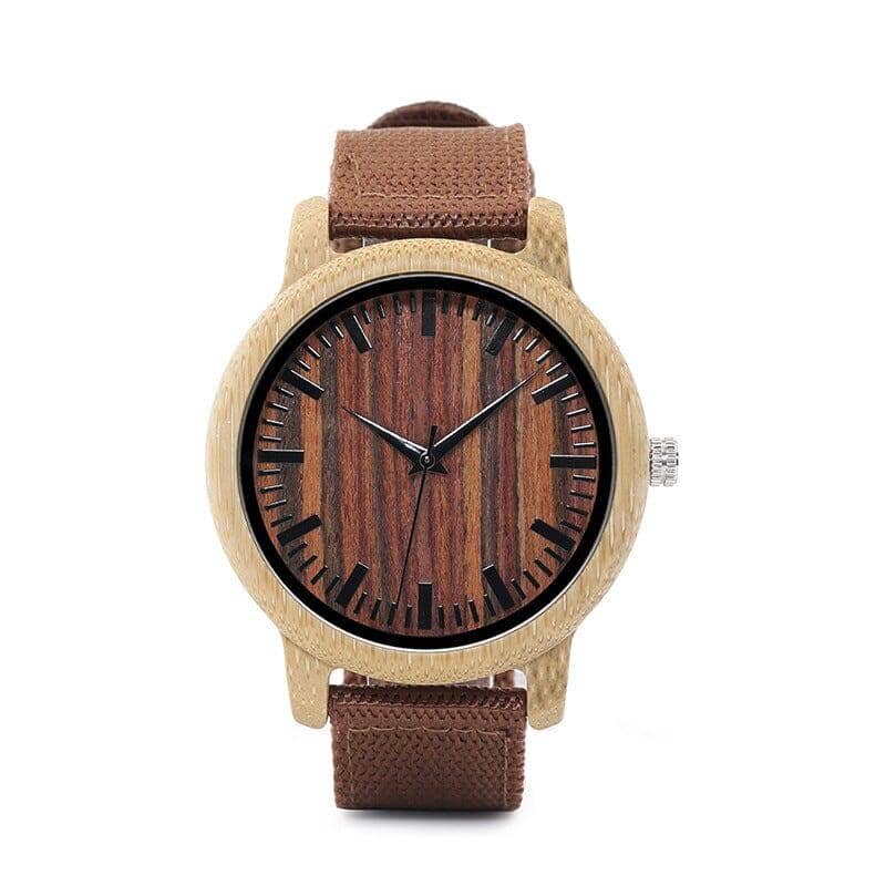 BOBO BIRD watch featuring a bamboo face and a tan leather strap