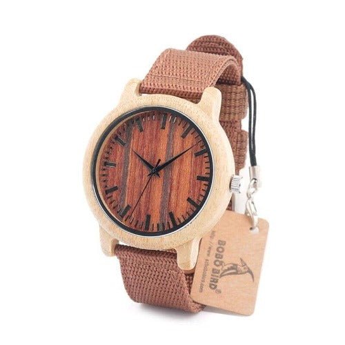 BOBO BIRD bamboo watch with a light brown leather strap