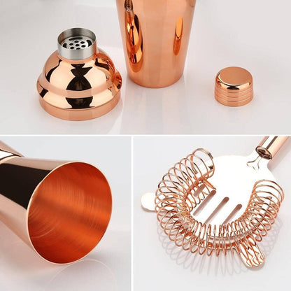 Copper-colored cocktail shaker and strainer from a 16-piece mixologist set