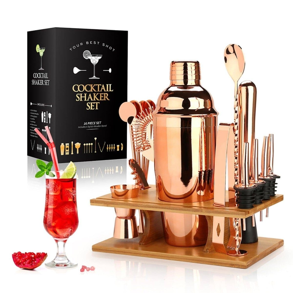 Stainless steel cocktail shaker from a 16-piece mixology kit