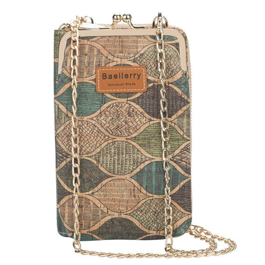 Eco-friendly cork phone wallet featuring a multicolor design and chain strap for women