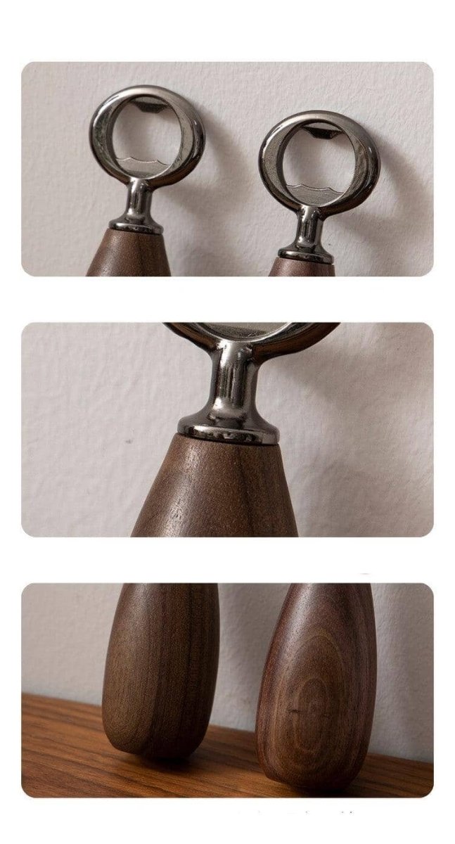 Various angles of a vintage stainless steel bottle opener with wood detailing