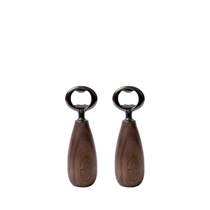 Pair of vintage stainless steel bottle openers with wooden grips