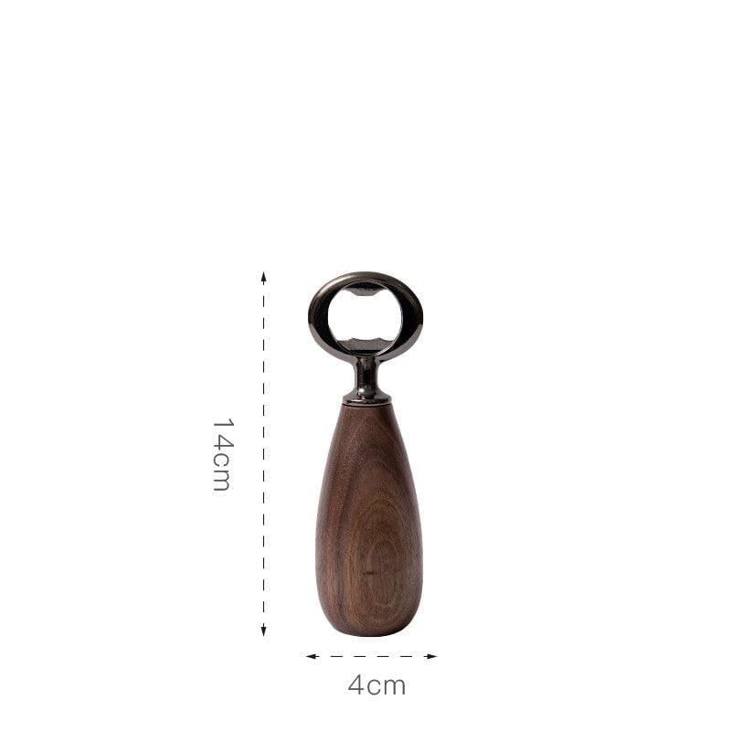 Stainless steel bottle opener with a vintage wooden handle and its dimensions
