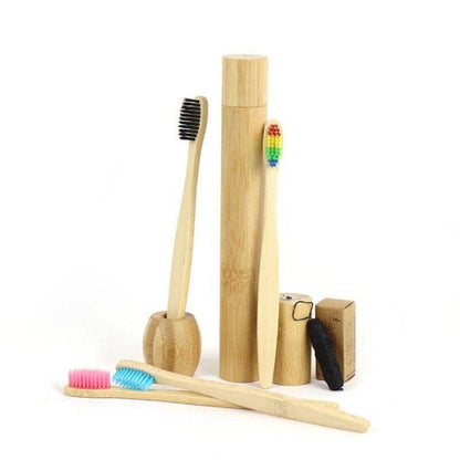 Bamboo toothbrush base and dental floss kit displayed in an  white background