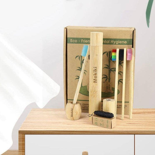 Dental hygiene gift set with toothbrush base and dental floss on a wooden surface
