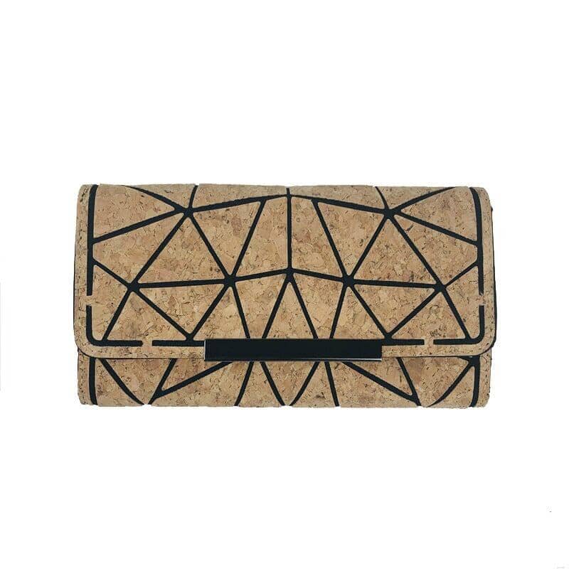 Top view of the sustainable cork grain hand wallet showcasing its geometric design