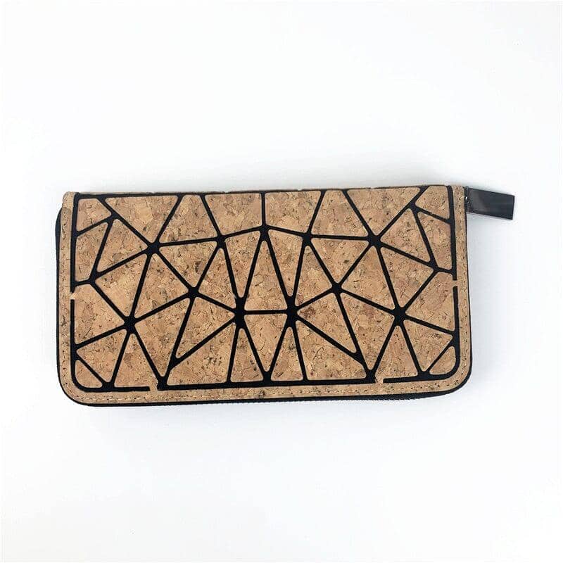 Close-up view of the eco-friendly cork grain hand wallet with a unique geometric pattern