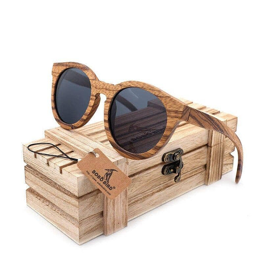 wooden sunglasses bobo outside a wooden box