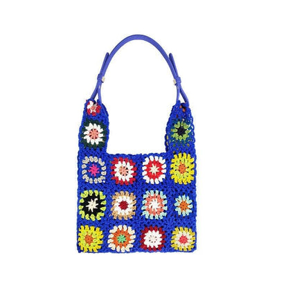 Handmade blue braided handbag with floral design for women