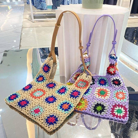Pair of hand-hooked braided bags with intricate flower details for women