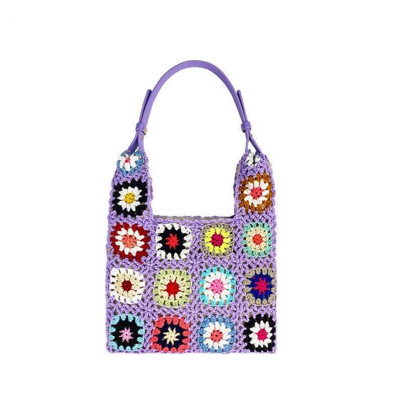 Purple hand-hooked braided bag with vibrant floral accents for ladies
