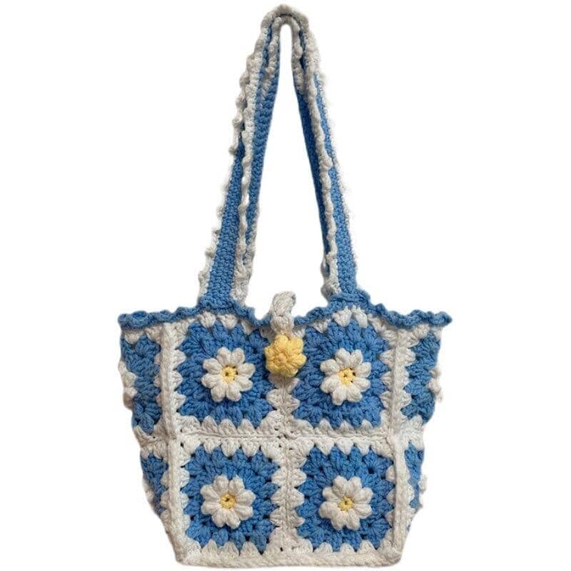 a shoulder bag knitted with eco-friendly wood and linens on a white canvas