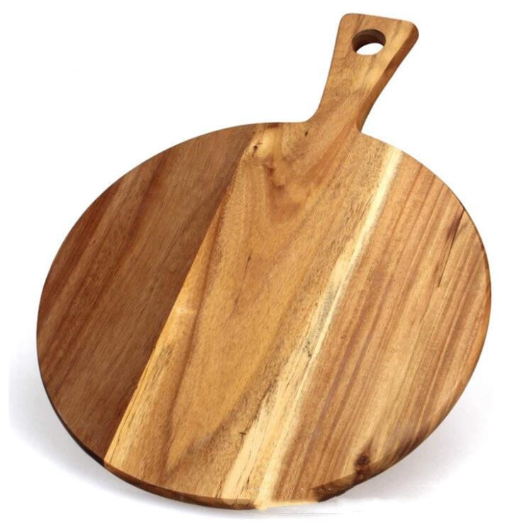 round acacia wood pizza board on a white canvas