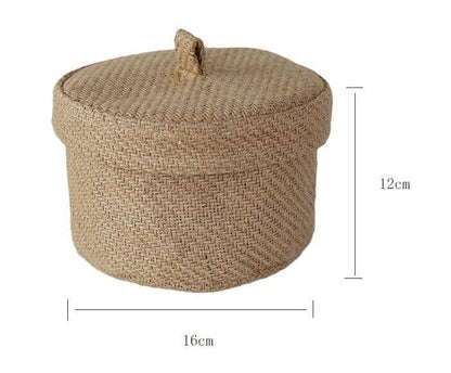 a light brown storage basket with detailed measures on a white canvas
