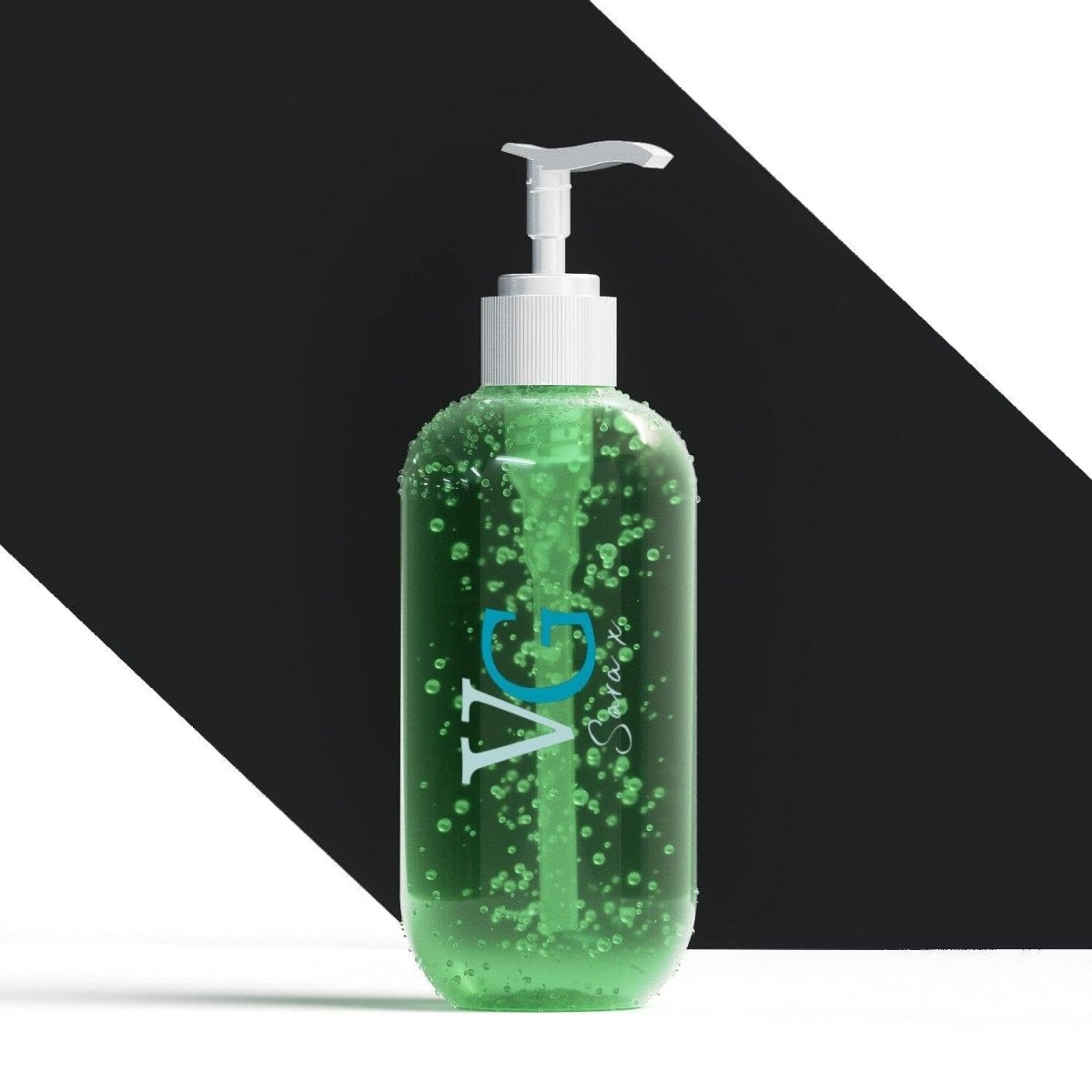 transparent bottle with green natural tea tree gel with logo