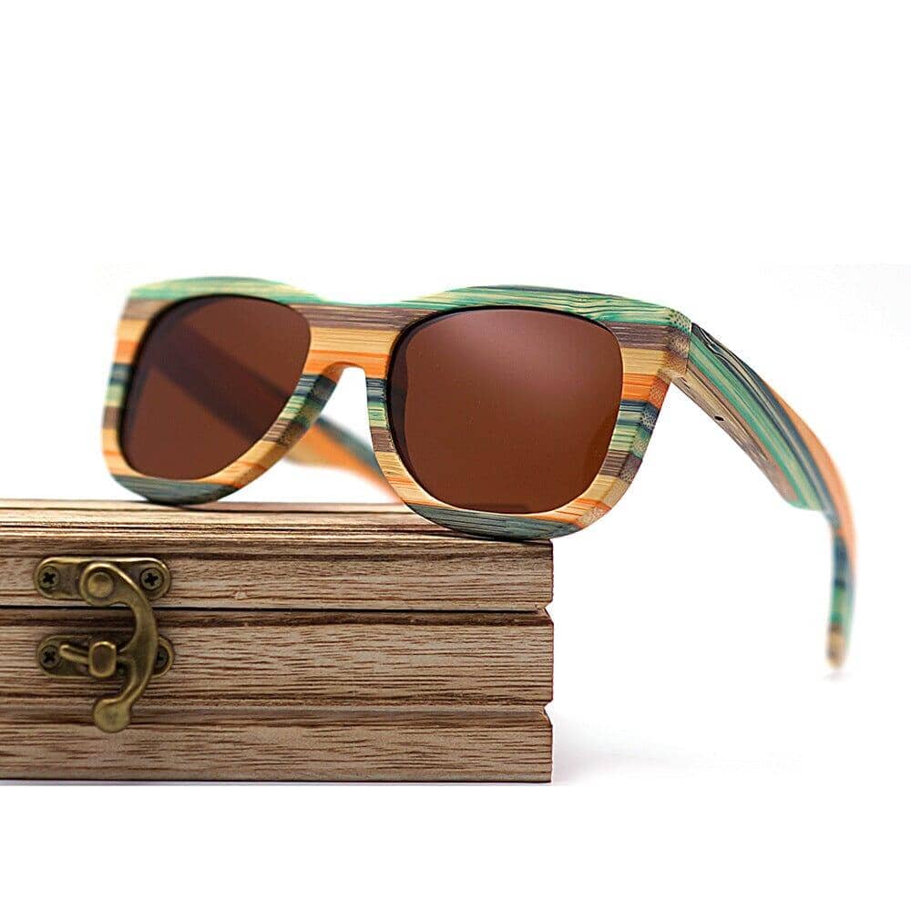 wooden box and wood glasses with brown glass glasses 