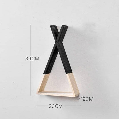 A Nordic Black wood shelf with its dimensions