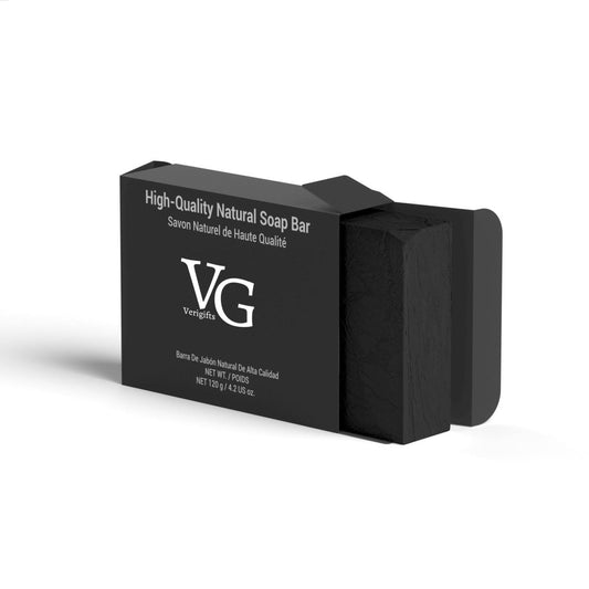 a charcoal soap in a black packing with logo VG