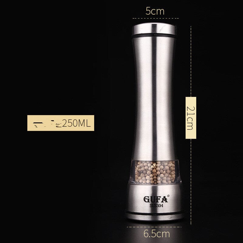 A stainless steel grinder of 250ml with specific measures on a black canvas