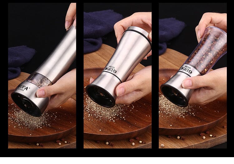 A person's hand showing how to use a stainless steel grinder with three different types of grinders
