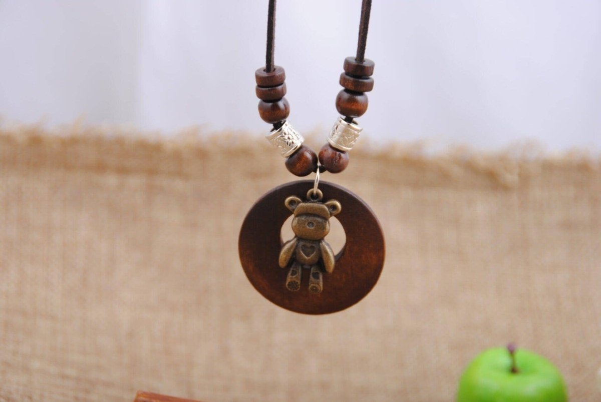 a retro wooden eco-friendly necklace with a bear