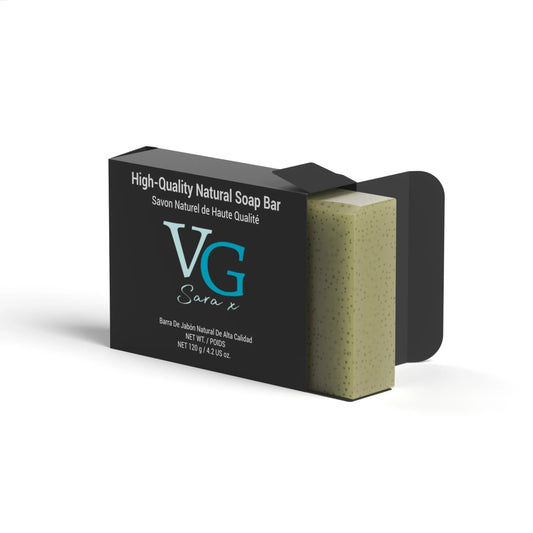 a bar of sunflower soap in a black packing with a logo of VG Sara x