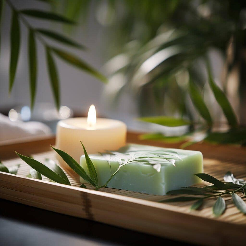 green bar soap beside a candle and on a wooden support