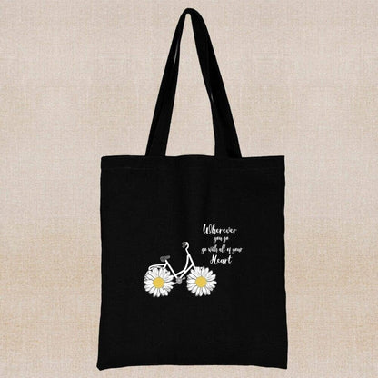 An eco-friendly and sustainable black tote bag with a bicycle margaritas design