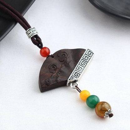 women long cotton and linen ebony wood pendant with colored pearls