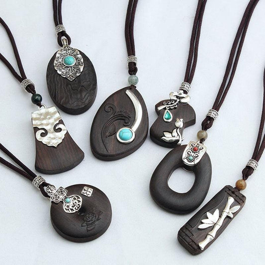 women long cotton and linen ebony wood pendants with different symbols