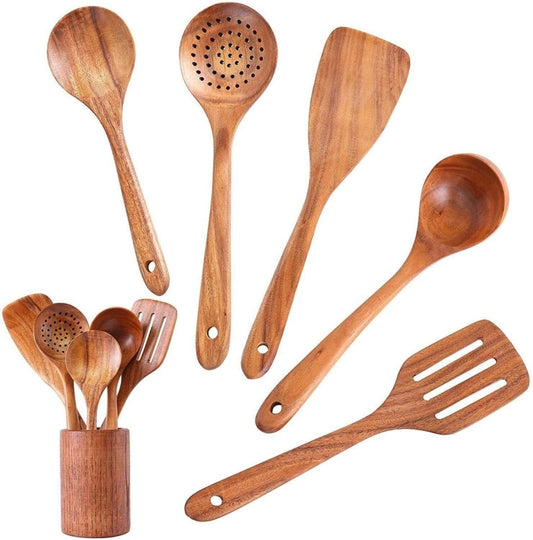 Five wood cooking spatulas with a store bucket included