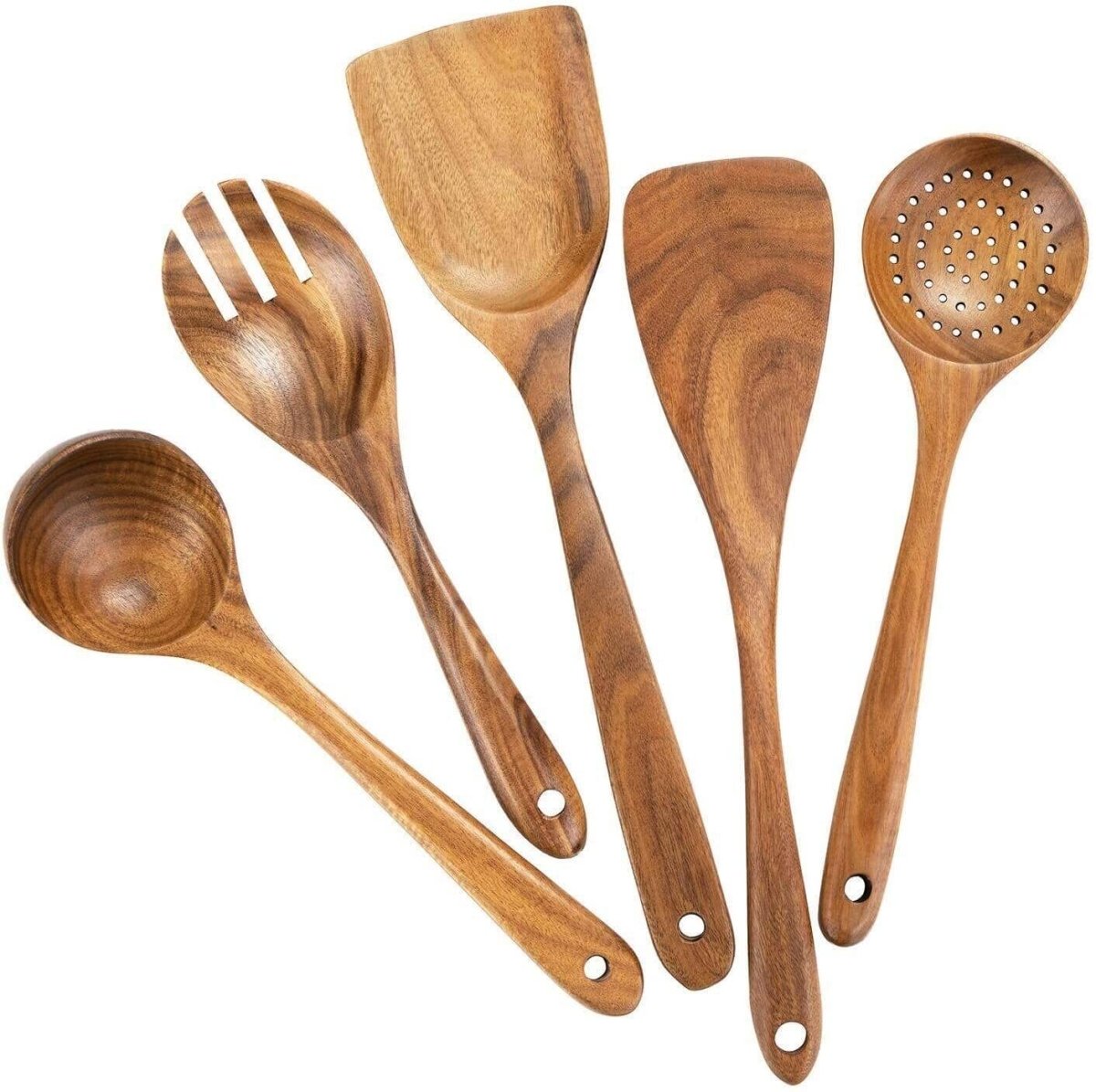 Five wood spatulas with no bucket on a white canva