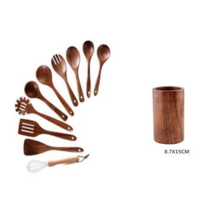 ten different wood spatulas with a bucket on a white canvas